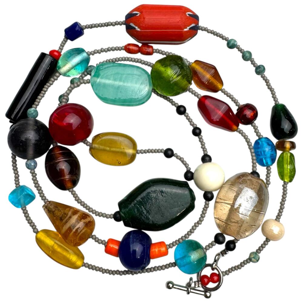 Artisan Multi Color Glass Bead Necklace Chunky Tribal Ethnic Boho Statement